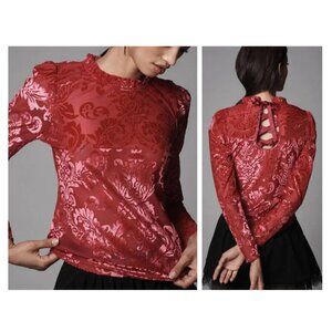 By Anthropologie Long Sleeve Sheer Back Tie Velvet Burnout Top Pink Rose M
